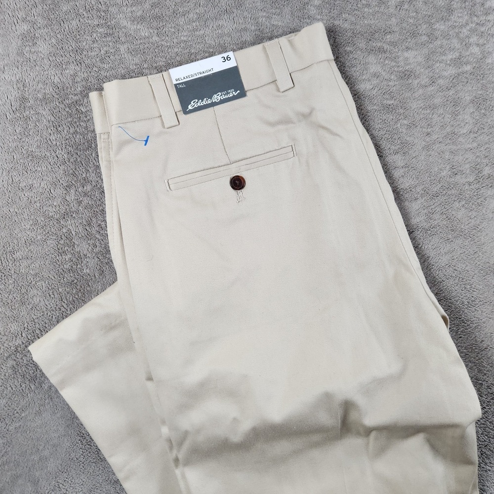 Eddie Bauer Chino Pants Mens size 36x34 Tall Cotton Blend Flat Front Khaki Pant